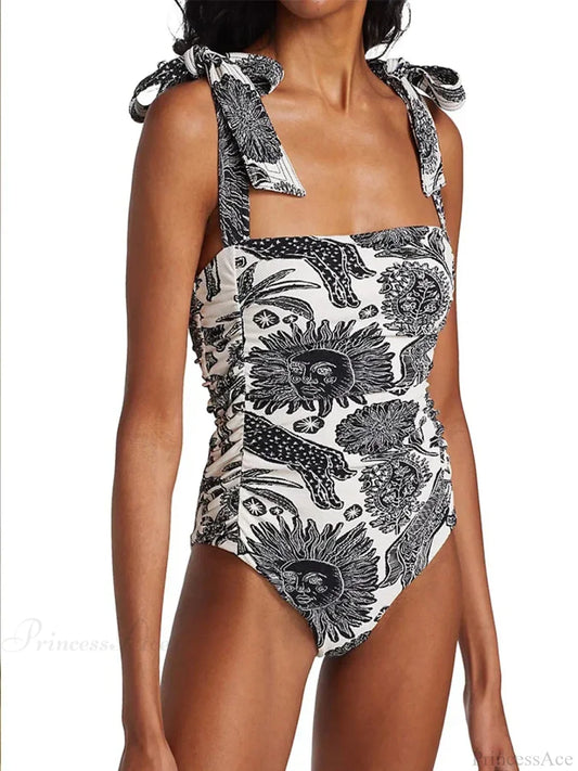 Vintage Sun Sketch Print Backless Swimsuit One Piece Black / S onepiece-250223