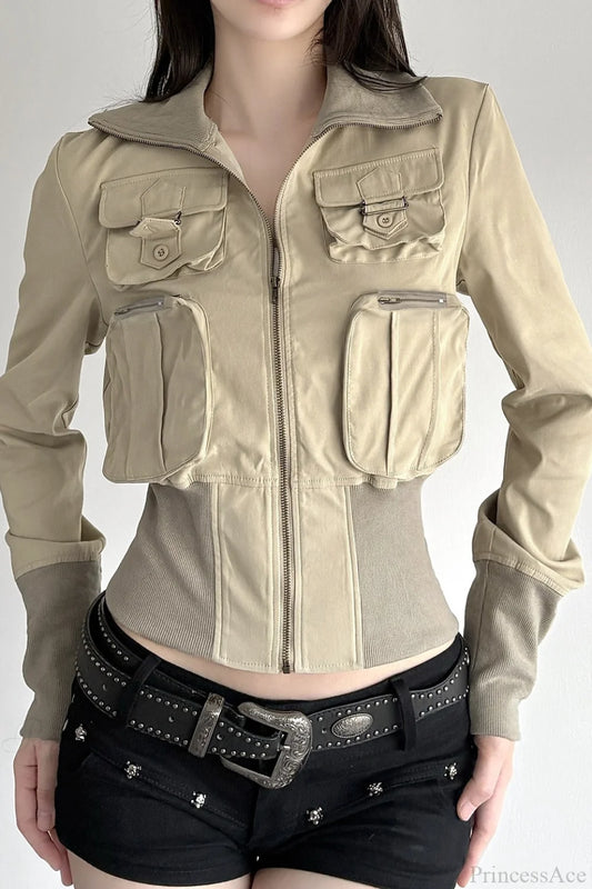 Vintage Utility Long Sleeve Ribbed Jacket Khaki / S