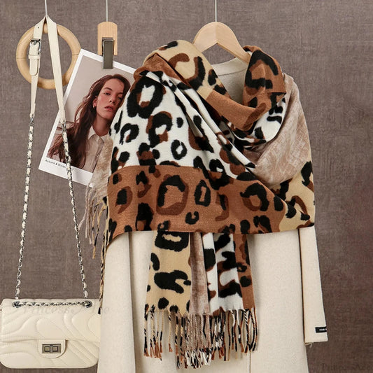 Winter Plaid Cashmere Poncho Tassel Scarf - Luxury Warm Thickened Unisex Brown Leopard Scarfs-L