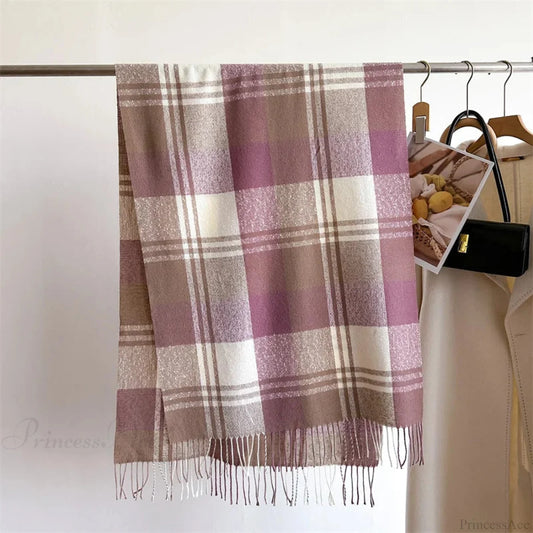 Winter Warm Colorful Cashmere Like Thick Pashmina Tassels Plaid Scarf Purple Scarfs-L