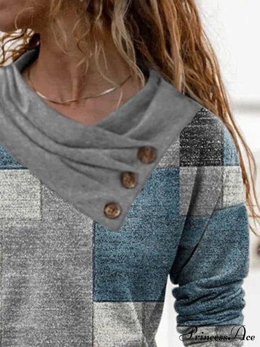 Women’s Blue Button Long Neck Pile Design Basic Abstract Navy Tee Shirt Red Arm Geometric V