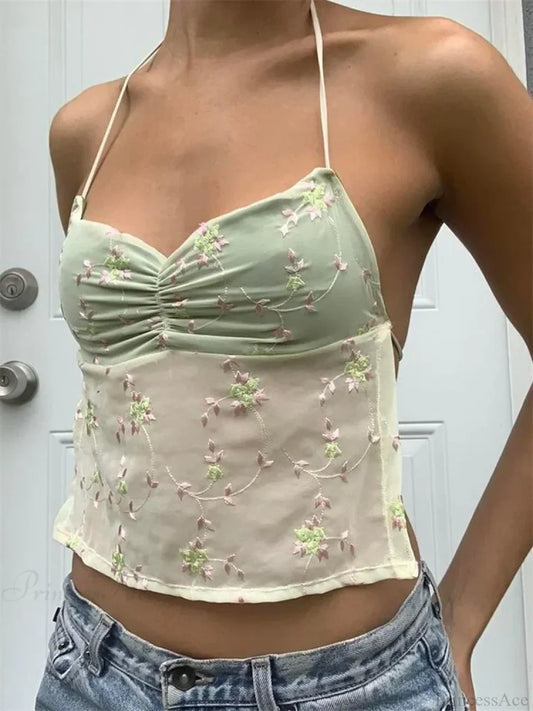 Y2K Floral Backless Tie-up Halter Crop Top Green / S croptop-250126