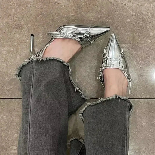 Y2K Silver Rebel Gothic Pointed Toe Tall Heel Silver / 35