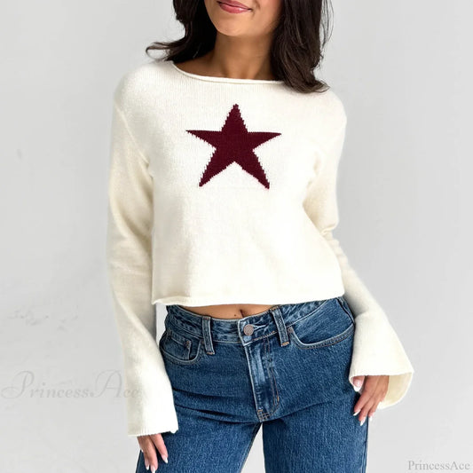 Y2K Star Print Lightweight Crewneck Cropped Knit Pullover Top knittop-250126