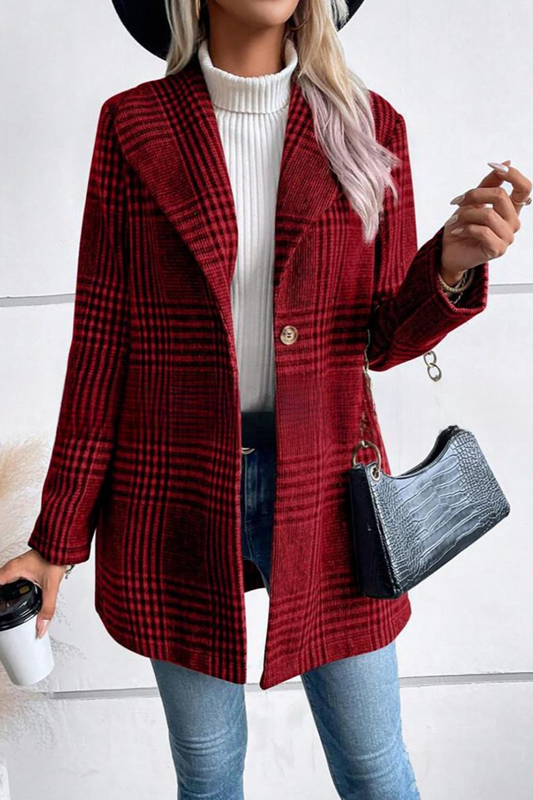 Plaid Tweed Notch Lapel Slim Elegant Outerwear