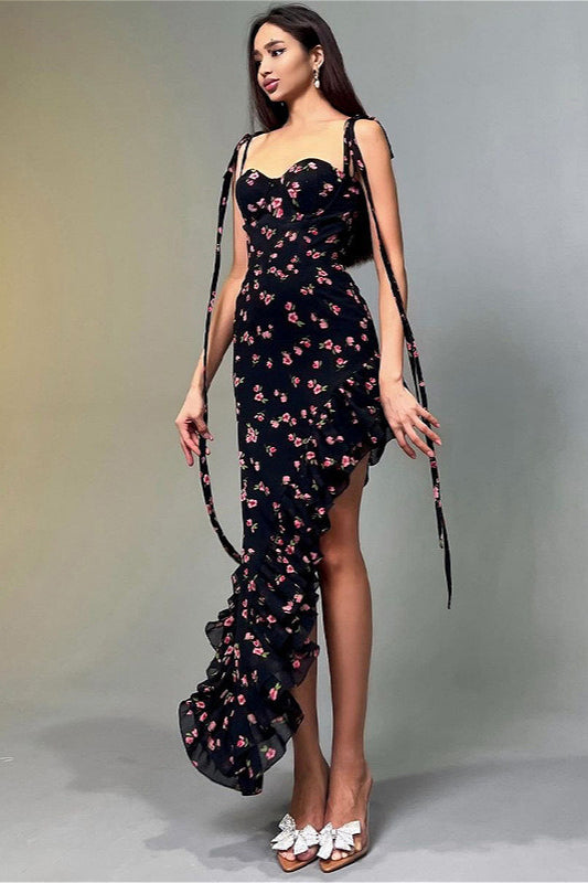 Lace Up Ruffle Mesh Floral Dress