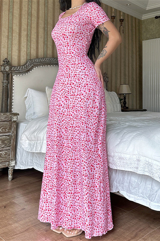 Short Sleeve U Neck Back Strap Floral Dress