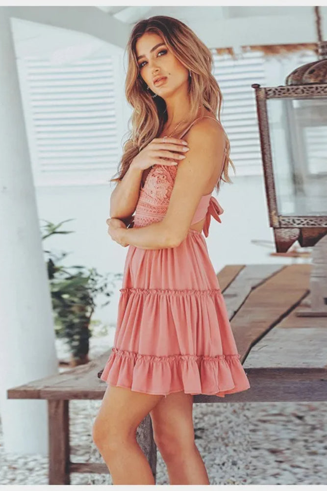 White Spaghetti Strap Mini Boho Dress Pink / S