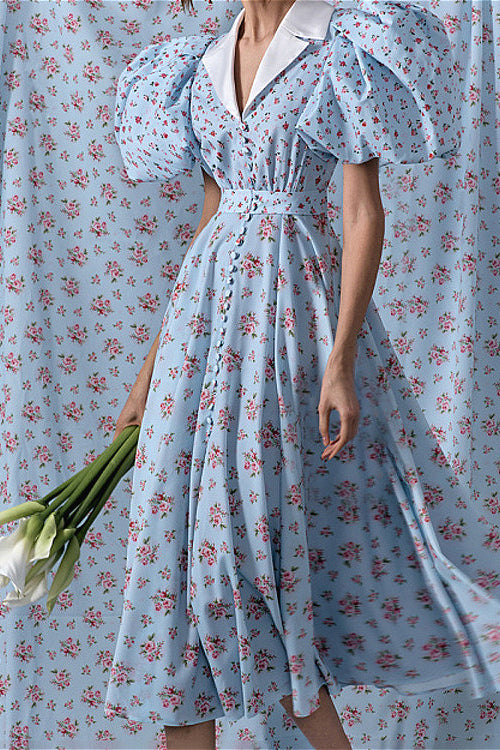 Puff Sleeve Collared High Waist Buttoned A Line Floral Dress