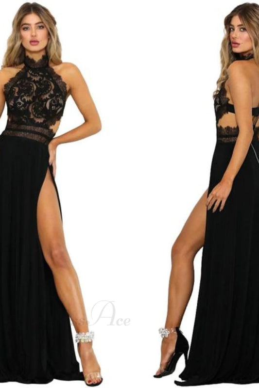 2024 Lady’s Sexy See-Through Lace Nude Back High Slit Dress Black 1Pcs / S
