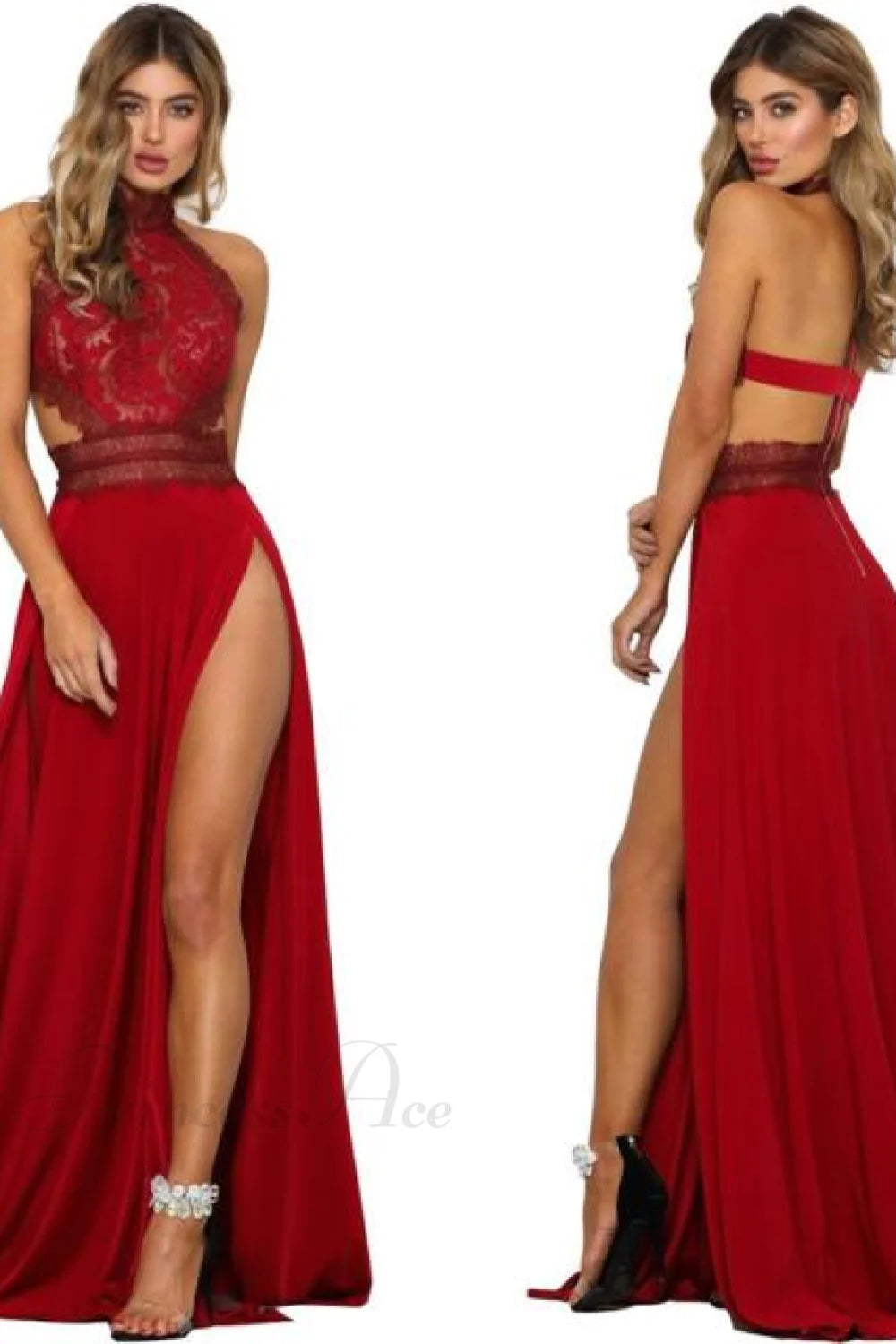 2024 Lady’s Sexy See-Through Lace Nude Back High Slit Dress Red 1Pcs / S