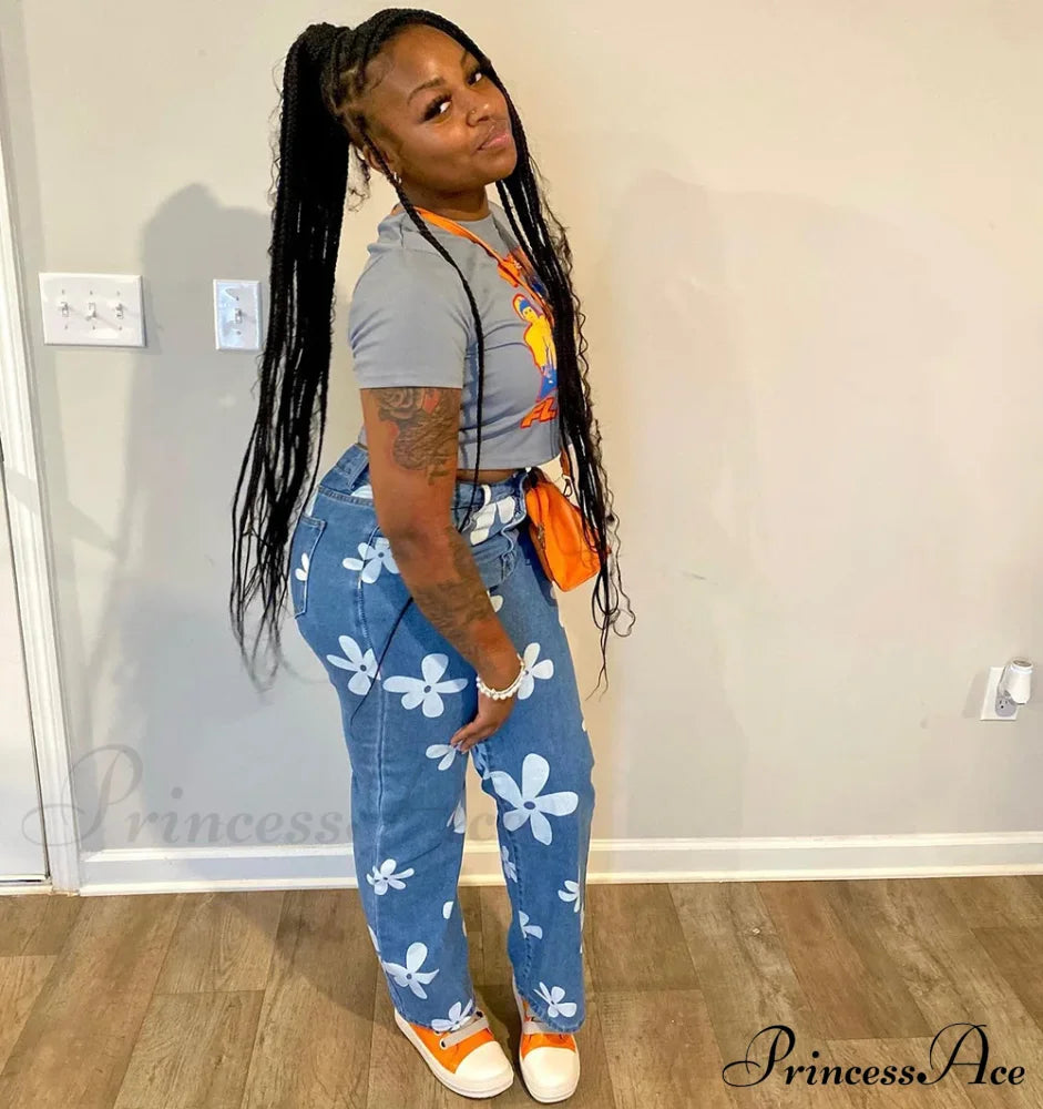 2024 New Floral Print Women Streetwear Y2K Straight Leg Baggy Denimvintage Blue 90S Jean