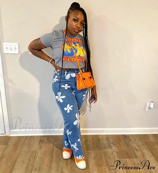 2024 New Floral Print Women Streetwear Y2K Straight Leg Baggy Denimvintage Blue 90S Jean / S