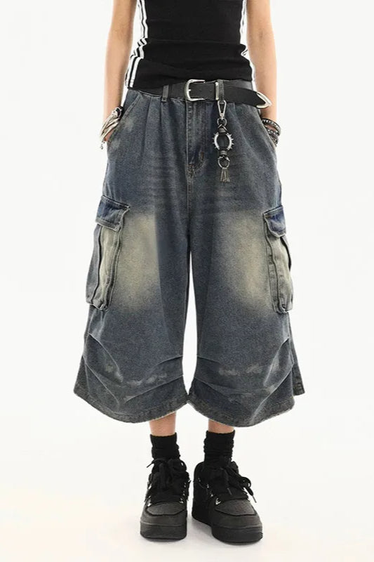 Vintage Washed Workwear Cropped Jeans
