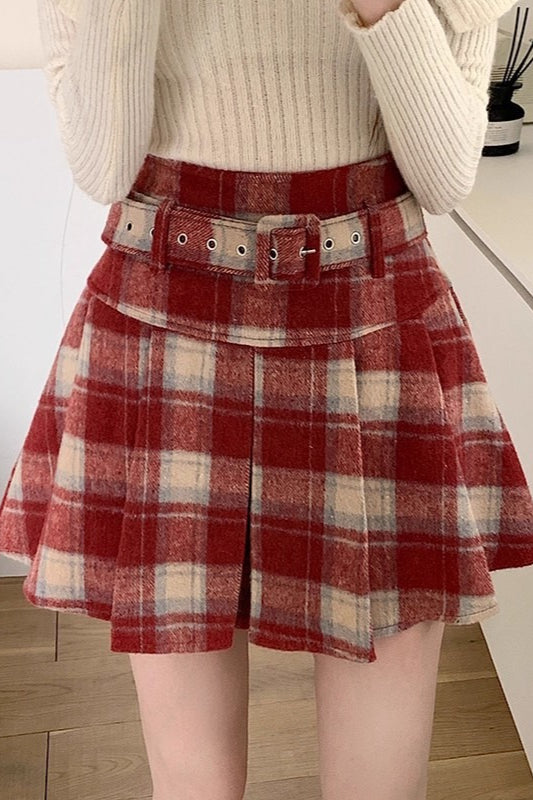 Plus Size Wool Plaid Pleated Skirt