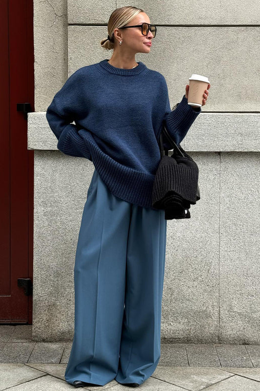Solid Color Relaxed Fit Crew Neck Knit Sweater
