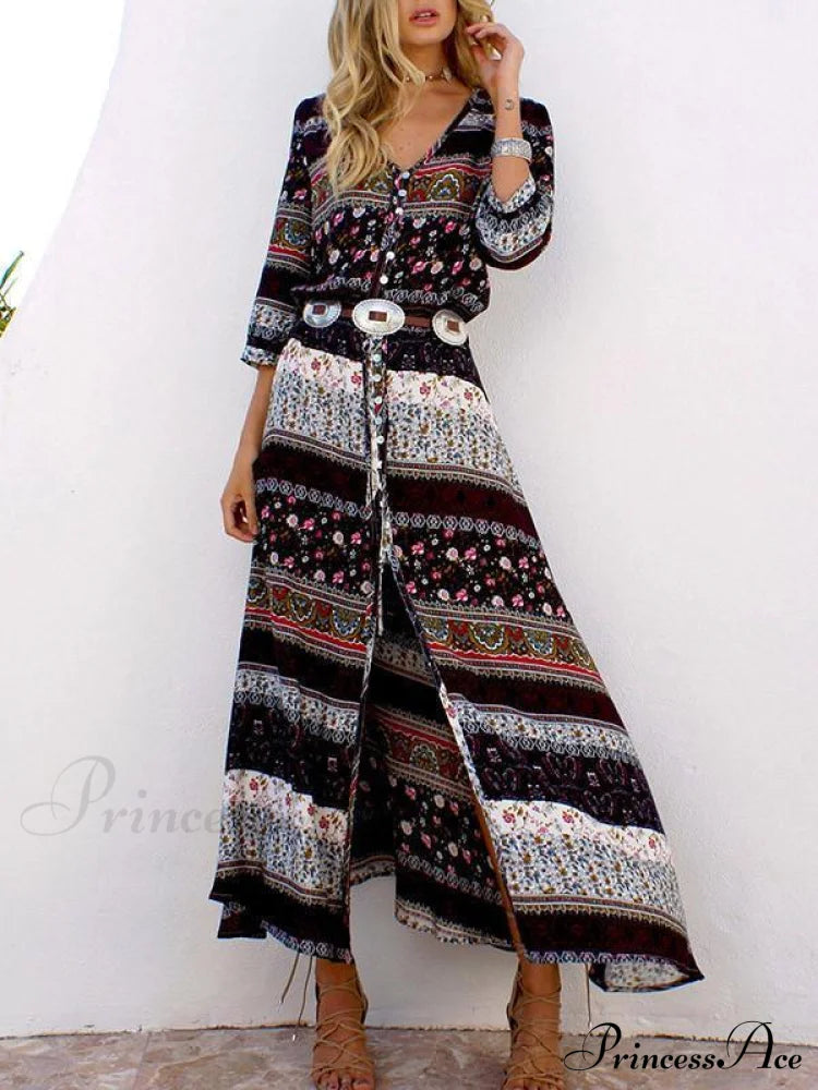 3/4 With V And Full-Length Bohemia Gown Flowered Sleeves Chiffon Neck L / Coffee