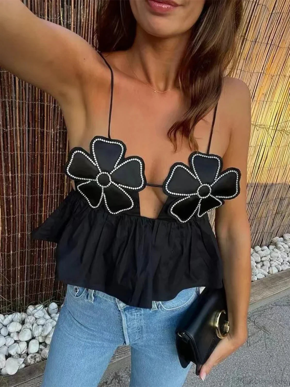 3D Flower Spaghetti Strap Backless Crop Top Black / S croptop-250126
