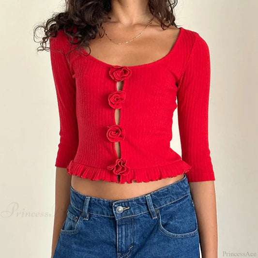 3D Rosette Front Hollow Out Vintage Half Sleeve Elegant Lady Slim Fit Y2K Crop Top Red / S croptop-250126