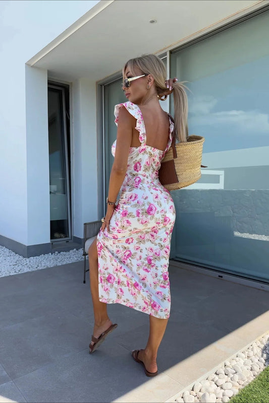 Spaghetti Strap Slit Midi Floral Dress