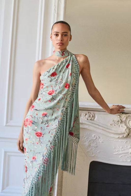 Halter Neck Printed Fringe Boho Dress