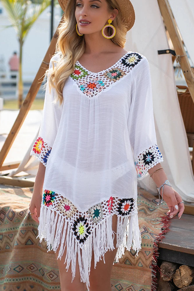 White Fringe Trim Boho Dress White / one size