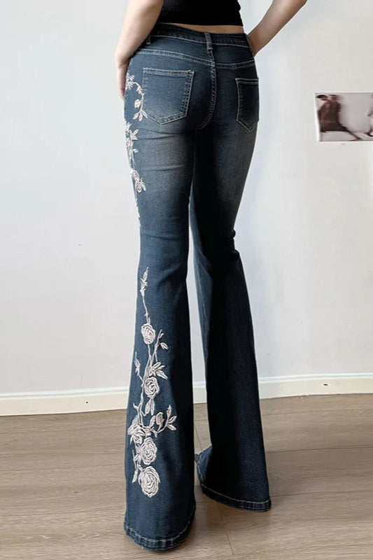 Vintage Plant Embroidered Bootcut Jeans