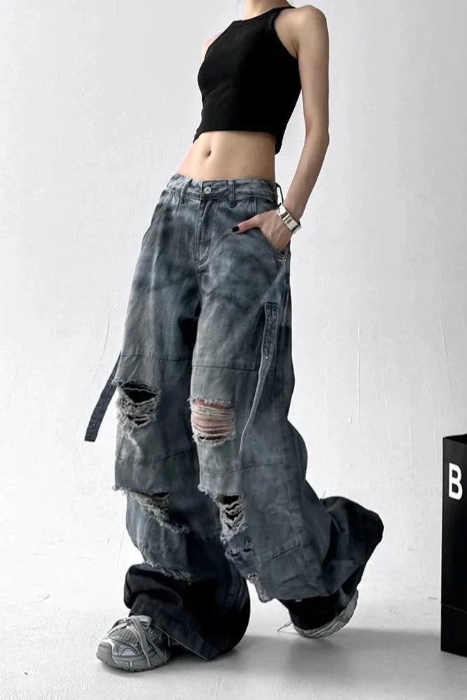 Tie Dye Ripped Wide Leg Jeans