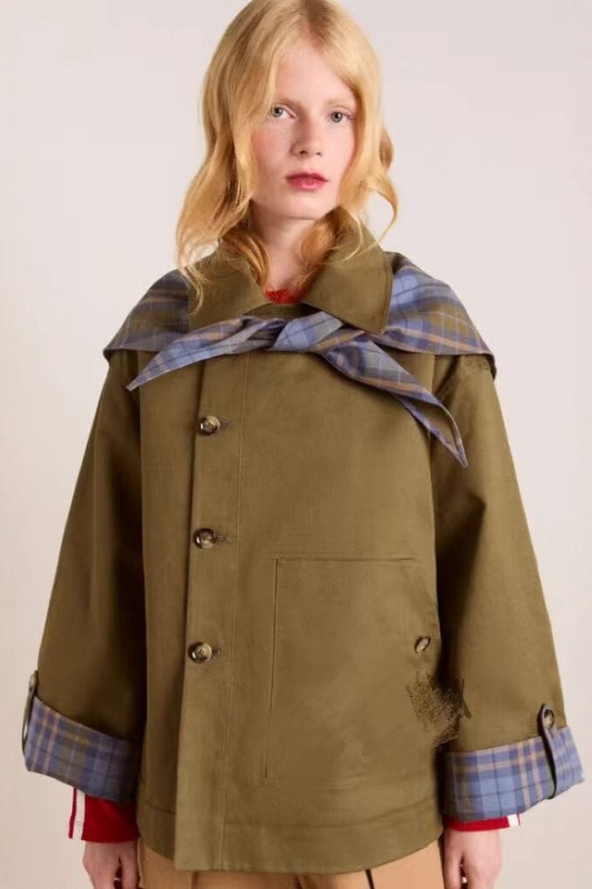 Plaid Color Block Mori Girl Loose Slant Front Outerwear