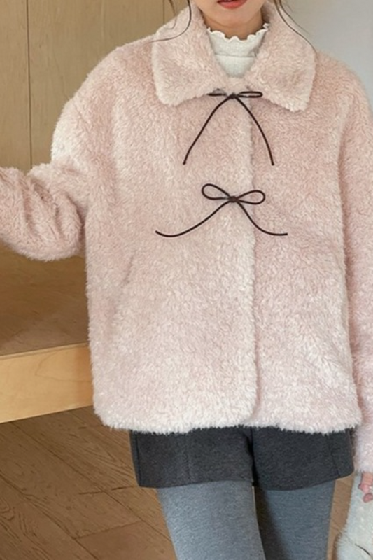 Vintage Color Block Bow Tie Fuzzy Tie-Up Outerwear