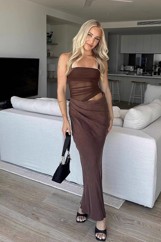 Sexy Mesh Splicing Halter Neck Ruched Side Cutout Maxi Dress