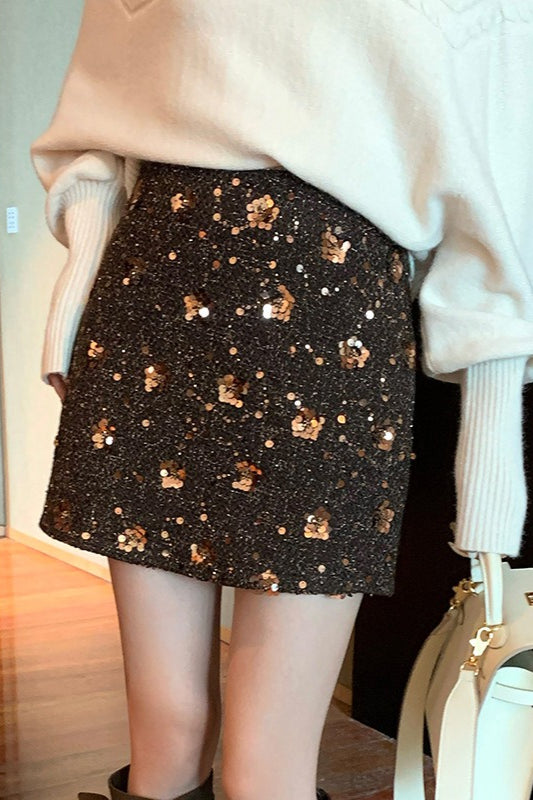 Sequin Embroidered High Waist A-line Fitted Short Skirt