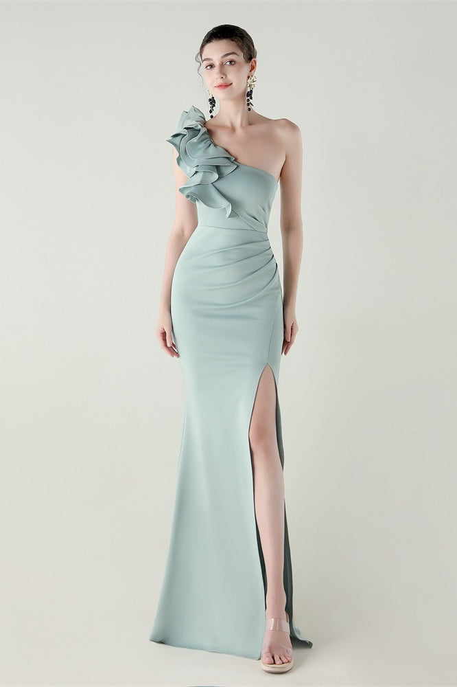 Ruffled Floral One Shoulder Satin Party Dress