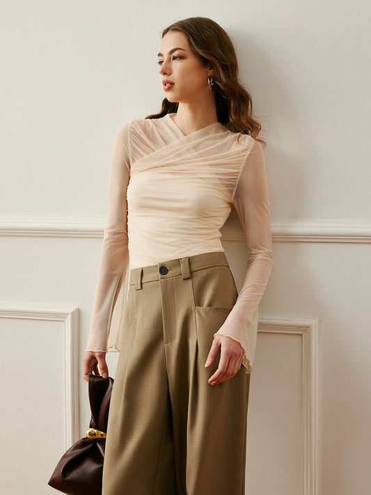 Cross Wrap Semi Sheer Top Apricot / XS T Shirts