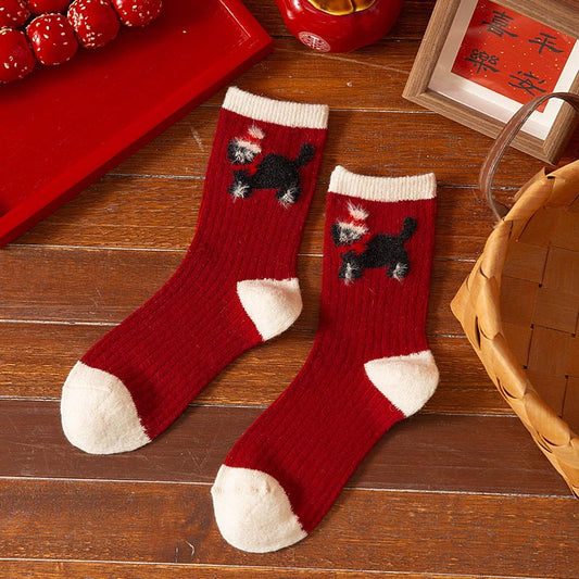 Thick Warm Wool Cute Fleece Lined Mid Calf Socks