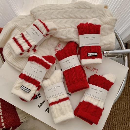Red Striped Cashmere Blend Warm Mid Calf Socks