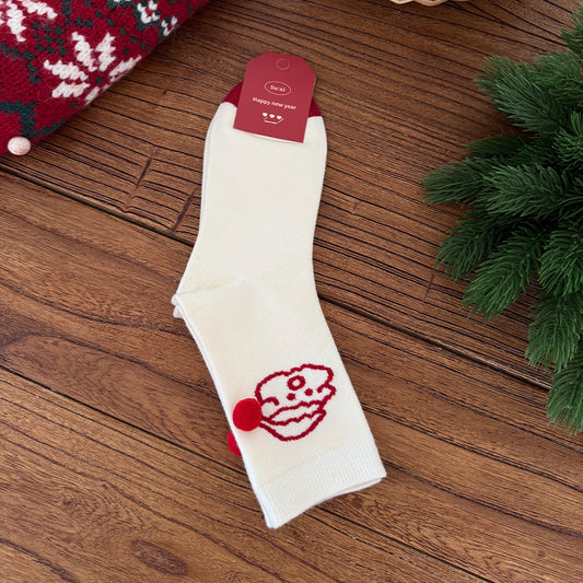 Red Argyle Snowflake Seamless Rabbit Fleece Mid Calf Socks