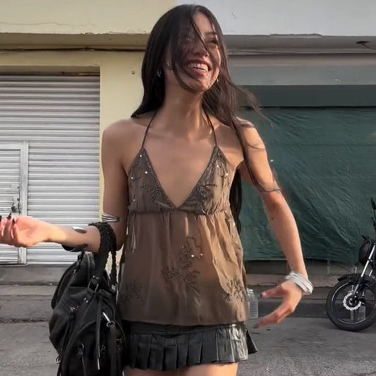 Embroidered Mesh Tank Top with Rhinestones