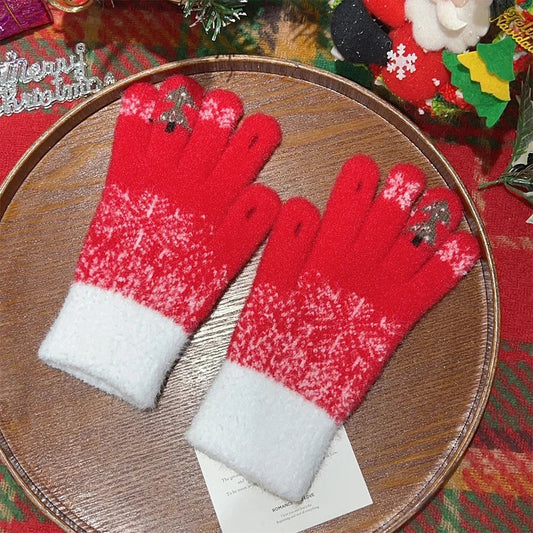 Cashmere Christmas Tree Knit Skiing Full Finger Plush Gloves Red / One Size Gloves-L