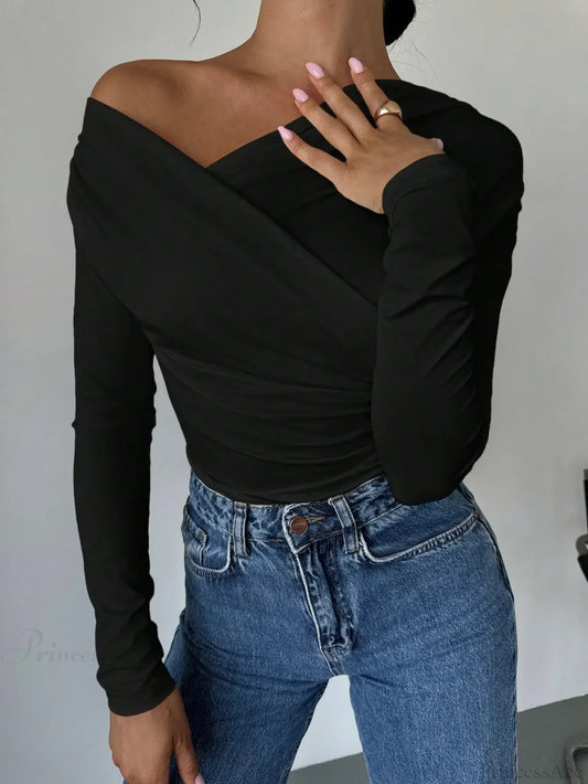 A-line Shoulder Long Sleeve Slim Knitted T-shirt Women black / XS knittop-250126