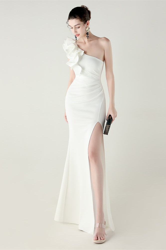 Ruffled Floral One Shoulder Satin Party Dress