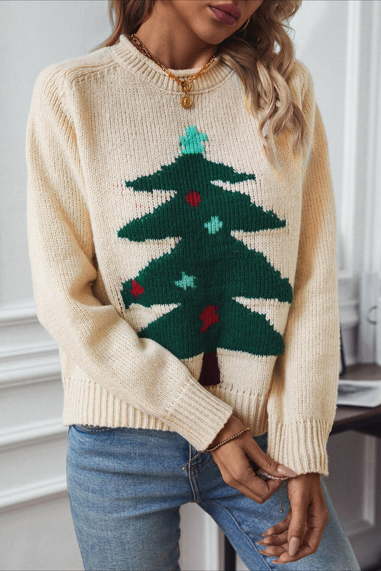 Cozy Color Block Xmas Tree Print Sweater