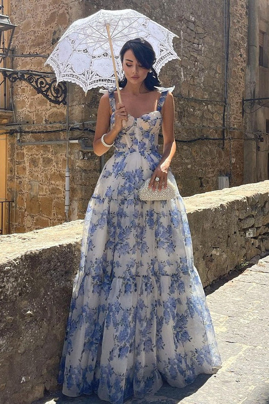 Floral Print Sleeveless Backless Lace-up Floral Dress