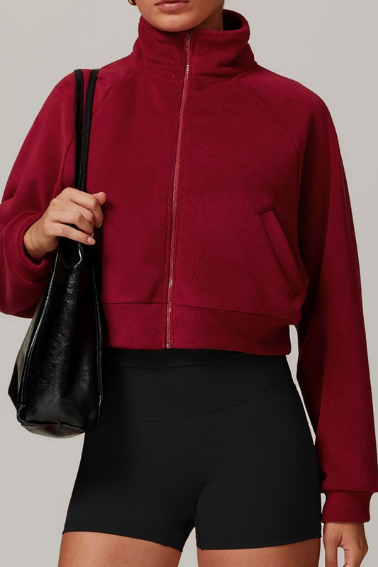 Fleece Lined Stand Collar Zip Yoga Warm Windproof Outerwear