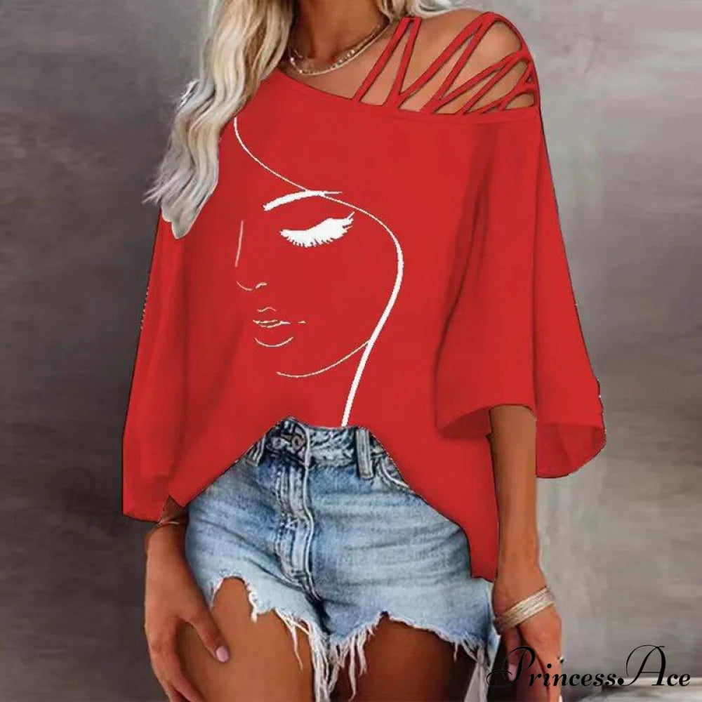 Abstract Skew Women Bandage Design And Blouse Neckline With Tee Detail 03 Orange Red / S