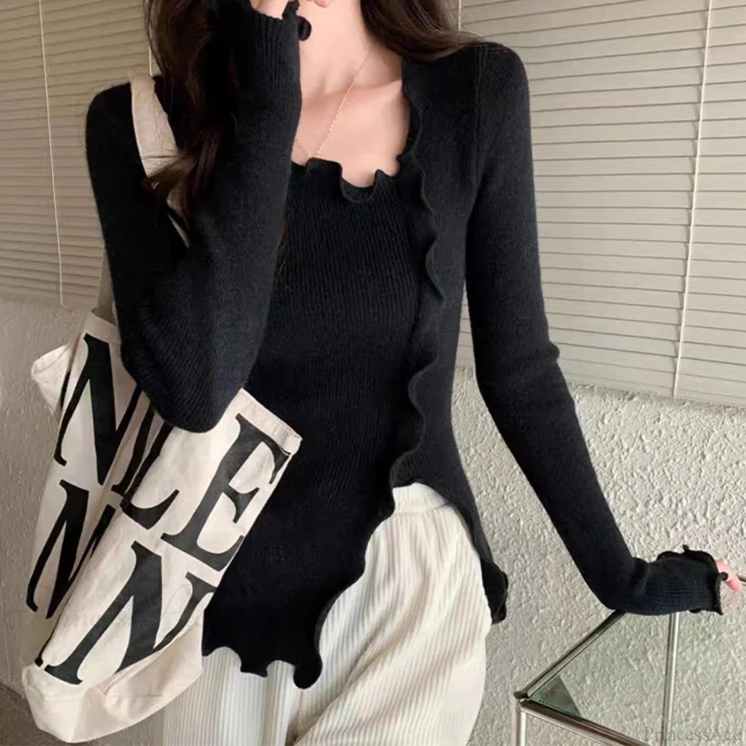 Aesthetic Irregular Ruffles Knit Crop Solid Long Sleeve Knit Top knittop-250126