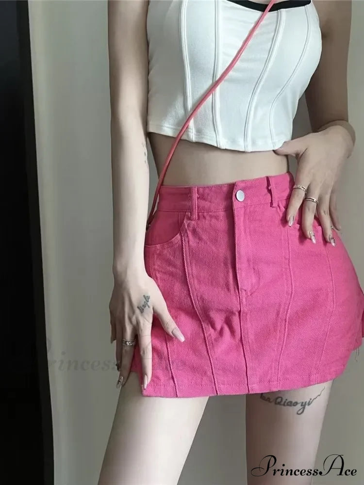 American Retro Spicy Girl Super Short Anti Glare Solid Color Pleated Low Waisted A-Line Jean Rose