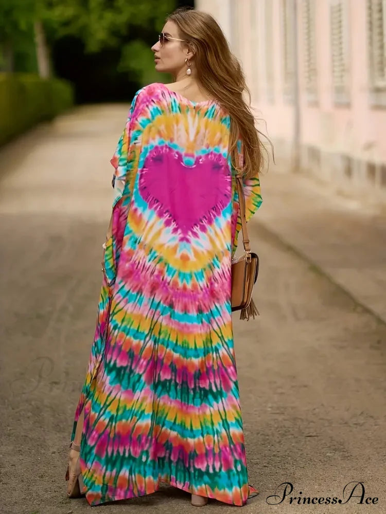 Arm Colorful Bat V Gown For Heart Neck Summer Pink Colorful Print Dress