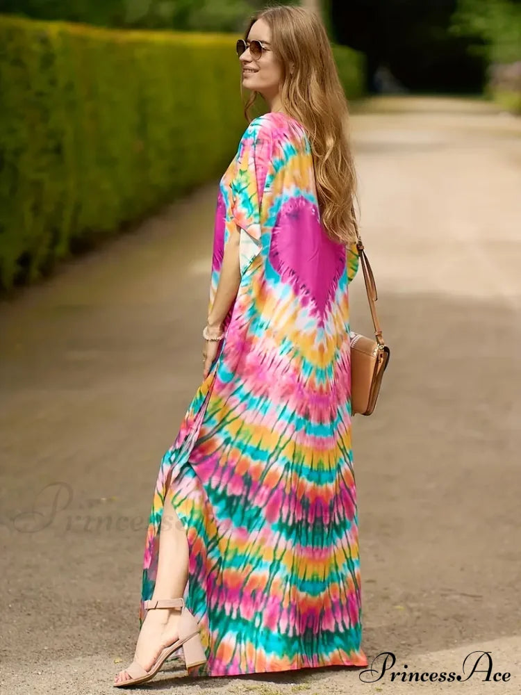 Arm Colorful Bat V Gown For Heart Neck Summer Pink Colorful Print Dress