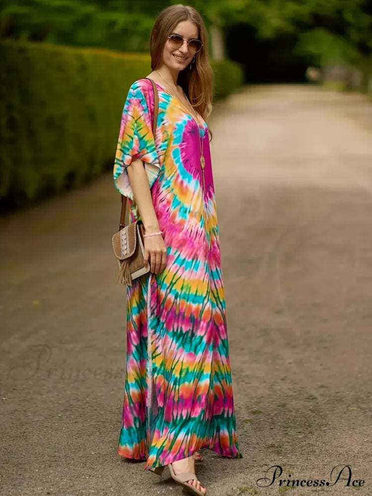 Arm Colorful Bat V Gown For Heart Neck Summer Pink Colorful Print Dress